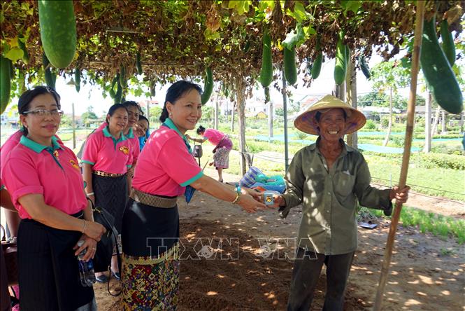 Đại biểu Hội Liên hiệp Phụ nữ Lào tặng biểu tượng hoa Champa cho một người dân làng trồng rau truyền thống Trà Quế, thành phố Hội An. Ảnh: Trịnh Bang Nhiệm - TTXVN