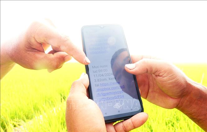 Water levels records are sent via text messages to farmers' mobile phones. VNA Photo: Thu Hiền