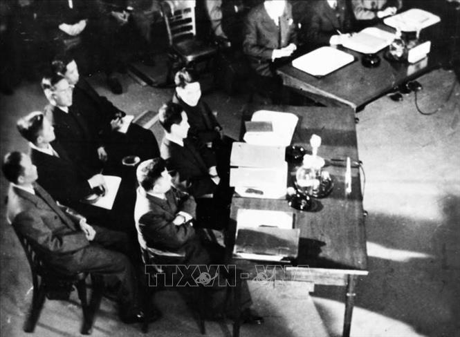 Phái đoàn Việt Nam Dân chủ Cộng hòa, do Phó Thủ tướng Phạm Văn Đồng làm Trưởng đoàn, tại phiên khai mạc Hội nghị Geneva về Đông Dương, ngày 8/5/1954. Ảnh: Tư liệu TTXVN